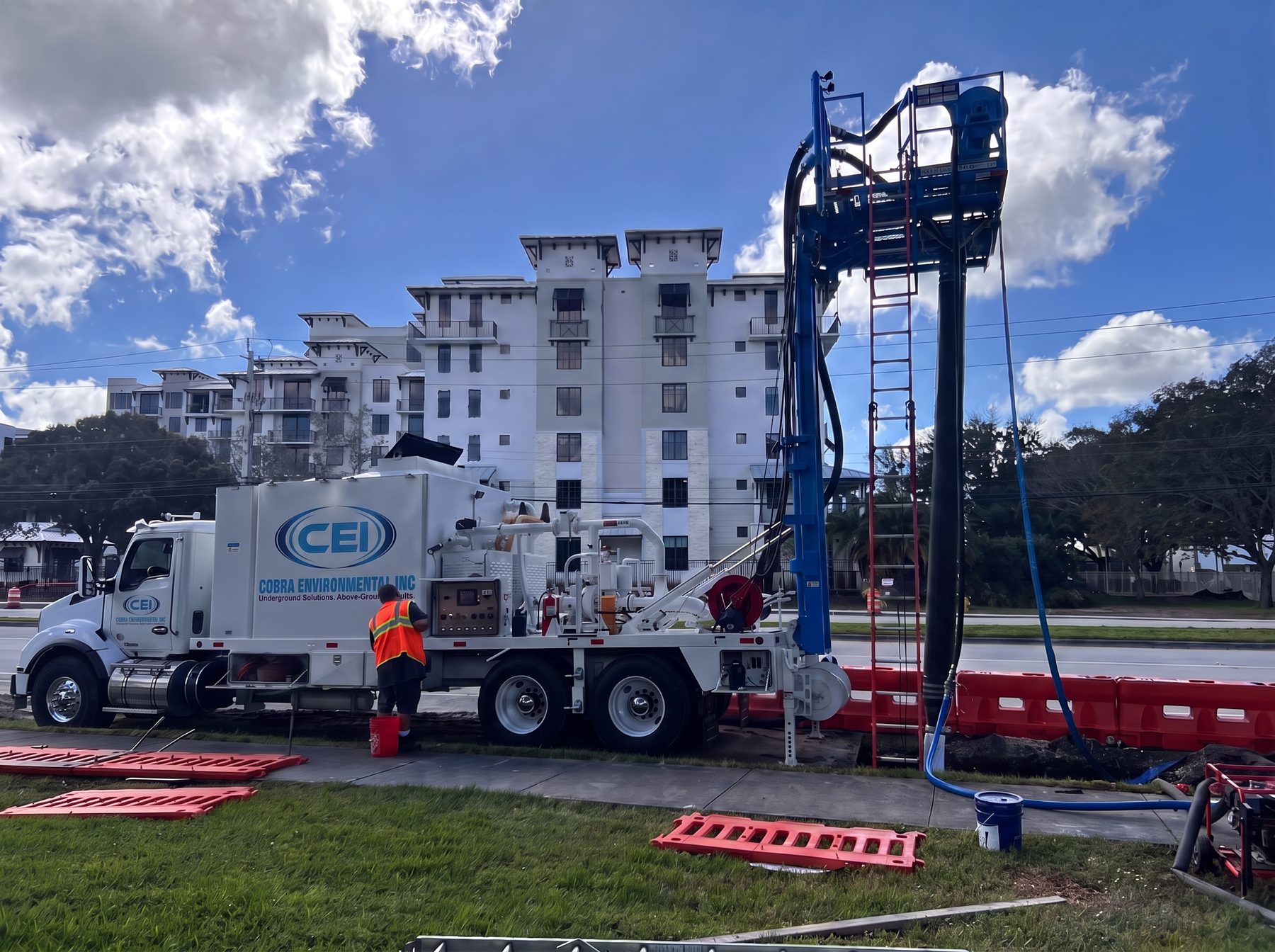 CEI CIPP inversion rig with steam boiler unit staged at a Florida worksite