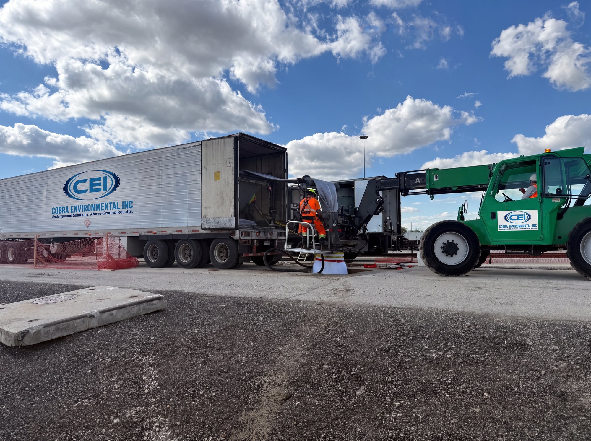 CEI CIPP wet-out staging — refrigerated liner trailer, telehandler, and crew on an active Florida jobsite